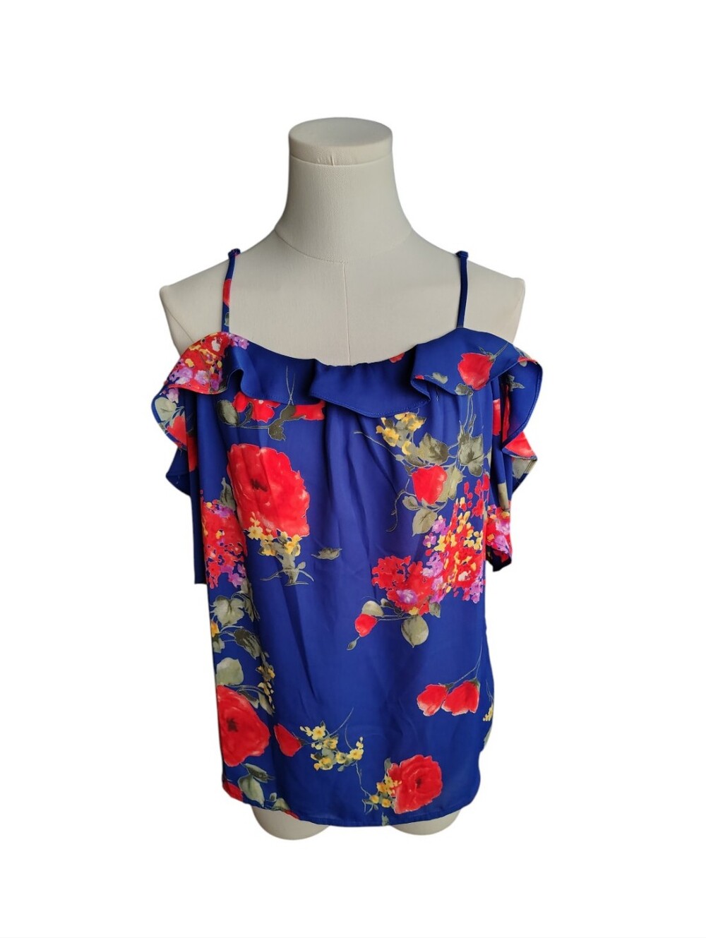 Skies Are Blue Cobalt Blue Red Floral Cold Shoulder Strappy Blouse Size Small